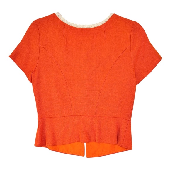 European Vintage Kuhnen Modell Orange Linen Crochet Lace Trim Short Sleeve Top - Picture 2 of 6